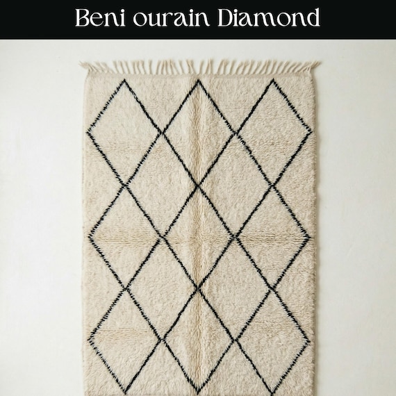 Beni Ourain Rug | Authentic Moroccan Wool Shag Area Rug | Cream and Black Geometric Diamond Carpet | Handmade Berber Living Room Rug