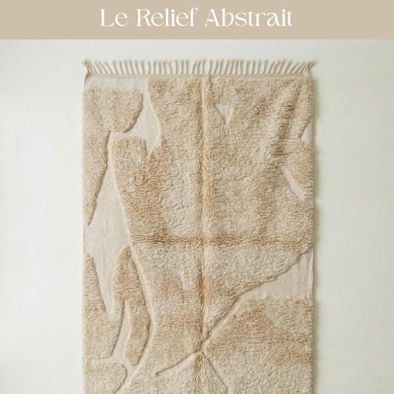 Neutral Carved Abstract Rug | Cream Wool Tone on Tone Shag | Moroccan Textured Beni Ourain Carpet | Handmade Minimalist Area Rug
