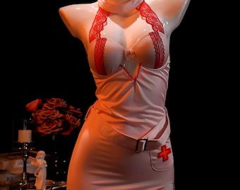 Rode kant lingerie verpleegster kostuum – mini-halterjurk, cosplay-outfit