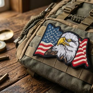May include: An embroidered patch featuring an American flag and a detailed eagle head. The patch is affixed to a tactical backpack, alongside a compass, map, and ammunition. The color palette includes red, white, blue, brown, and gold.