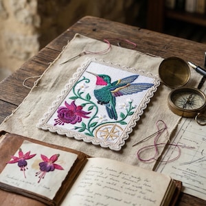 May include: A detailed embroidery of a hummingbird with a compass rose, flowers, and leaves. The embroidery is on a cream-colored background with a scalloped edge. Other items include a compass, inkwell, pen, and a vintage journal.