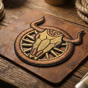 Western Bull Skull & Wagon Wheel Embroidered Patch - Cowboy Amulet for Protection - Iron-on Biker Accessory for Jackets, Vests, Bags