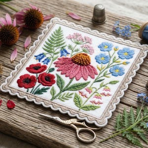 May include: Square embroidered floral design featuring red poppies, pink coneflowers, and blue wildflowers. The embroidery is on a white background with a scalloped edge. Other items include scissors, thimbles, and a spool of blue thread.
