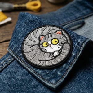 May include: Embroidered patch featuring a gray cat with large yellow eyes, set against a denim jacket. The cat is encircled by a gray pattern. Additional sewing supplies, including thread spools, a thimble, and a safety pin, are visible.