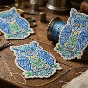 May include: Three embroidered owl patches in blue, green, and cream colors are displayed on a wooden surface. The patches feature detailed designs of owls with floral accents. Sewing tools, including scissors, buttons, and thread spools, are also visible.