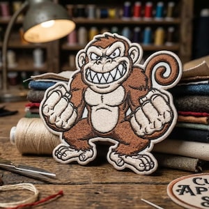 May include: Embroidered patch featuring a cartoon monkey with an angry expression. The monkey is brown and tan with white accents. The patch is on a wooden surface with sewing supplies and fabric in the background. The patch is from Custom Appliqué Studio.