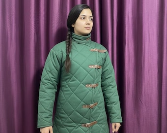 Gambeson medievale imbottito: cotone spesso con finiture in pelle per donna