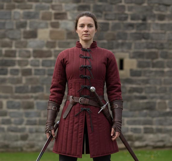 Crimson Medieval Gambeson – Quilted Padded Armor Jacket, Knight LARP Costume, Reenactment Gear, Handmade Armor