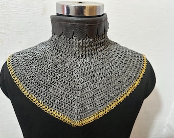 Medieval Chainmail Collar | 6 mm 18 Gauge Flat Ring Riveted Collar With Brass | Natural Finish