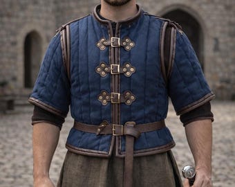 Blue Medieval Gambeson, Cotton Leather Buckle Closure