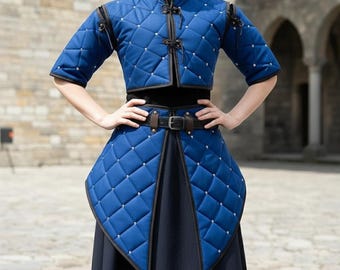 Blue Quilted Cotton Gambeson Dress with Leather Trim, Adjustable Belt