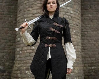 Women's Black Quilted Gambeson, Cotton With Leather Straps