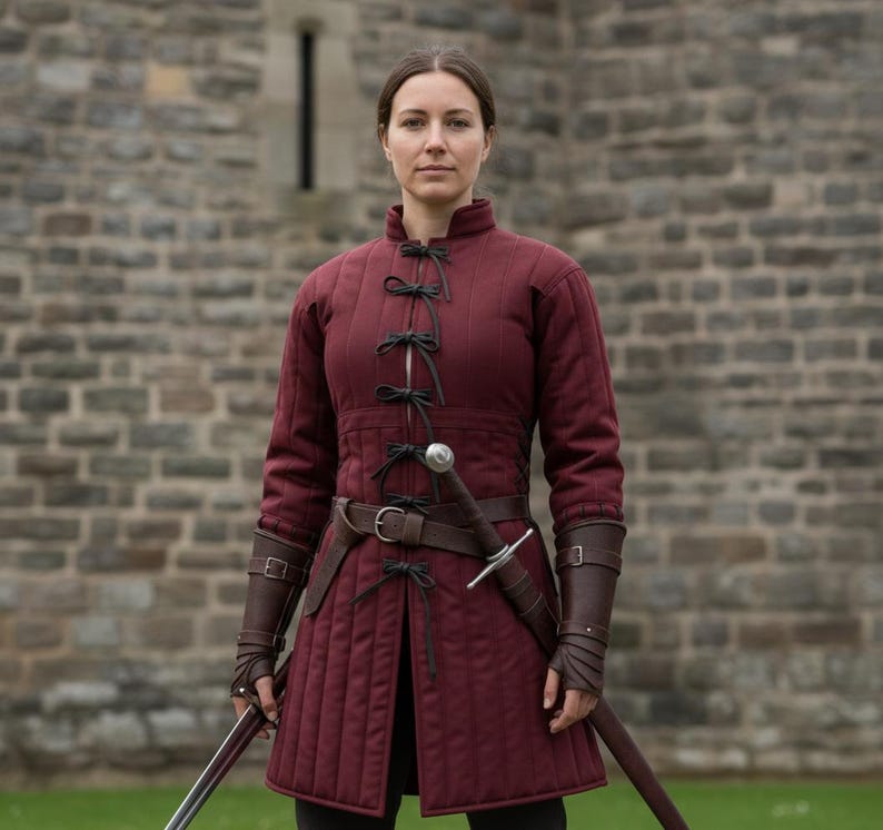 May include: A burgundy quilted tunic with black ties and a brown leather belt. The tunic has long sleeves and is paired with matching brown leather arm guards. A sword is sheathed at the waist.