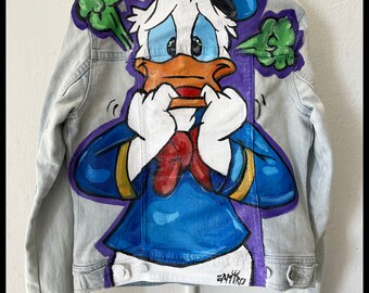 Women's Donald Duck Jean Jacket Painting by San Francisco Street Artist Zamiro Custom Denim art