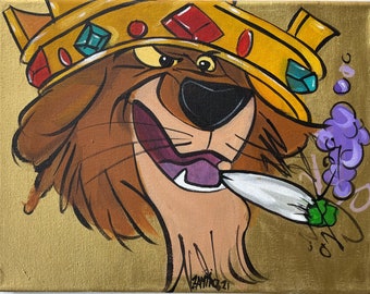 Robin Hood King Little John Cannabis Art hand painted weed painting by San Francisco street Artist Zamiro