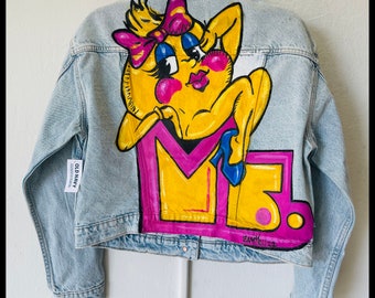 Ms. Pac Man Old Navy Jean Jacket Painting by San Francisco Graffiti Artist Zamiro Custom Gamer Girls Video Game Fan Art