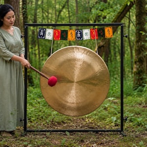 Pode incluir: Um grande gongo circular de latão polido suspenso numa estrutura de metal preto. Uma fila de bandeiras de oração coloridas com escrita tibetana pende sobre o gongo. Um martelo de madeira com cabeça de feltro vermelho está perto do centro.