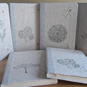 Seashell Linen Journal, Handmade Vintage Fabric Notebook, Coastal Inspired Lined Journal, Upcycled Textile Cover, OOAK Gift