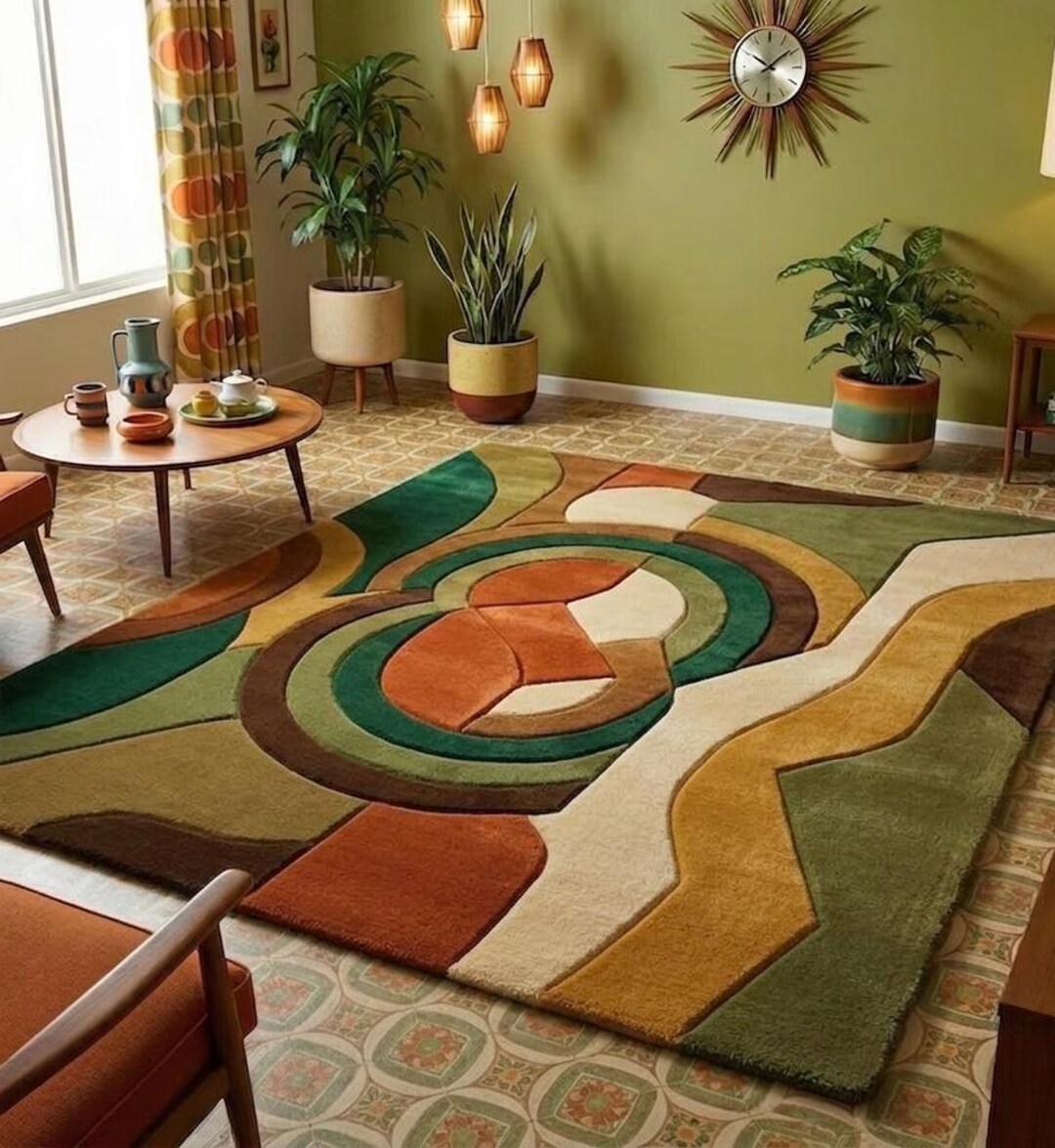 Mid Century Modern Retro Rug, 70s Style Abstract Geometric Area Rug ...
