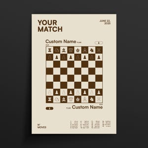 Puede incluir: Un póster beige con un diseño de tablero de ajedrez. El póster incluye el texto "YOUR MATCH" y "Custom Name FLAG". El tablero de ajedrez es marrón y blanco. También se muestra la fecha "JUNE 22, 2025".