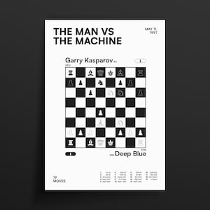 Może przedstawiać: Biały plakat z czarnym tekstem i grafiką zatytułowany THE MAN VS THE MACHINE, z datą 11 maja 1997 r. Zawiera diagram szachownicy z figurami, nazwiska Garry Kasparov i IBM Deep Blue oraz listę 19 ruchów w przejrzystym układzie graficznym.