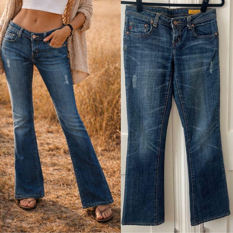 Seven7 Y2K Vaqueros acampanados clásicos de tiro bajo con lavado medio, talla 26 imagen 2