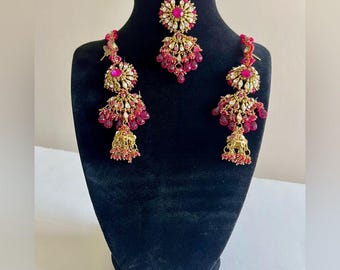 Juego de pendientes Jhumka tradicional Kundan y rosa rubí con Maang Tikka