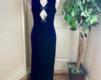 Vestido de noche vintage de terciopelo azul, con espalda descubierta con cuentas, talla 5/6.