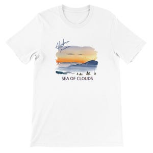 May include: White t-shirt featuring a watercolor landscape design. The design includes a sunset over mountains with the text "Alishan Taiwan" and "Sea of Clouds" in blue and black.