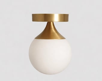 Brass Flush Mount Ceiling Light | Mid-Century Modern Glass Globe Lamp