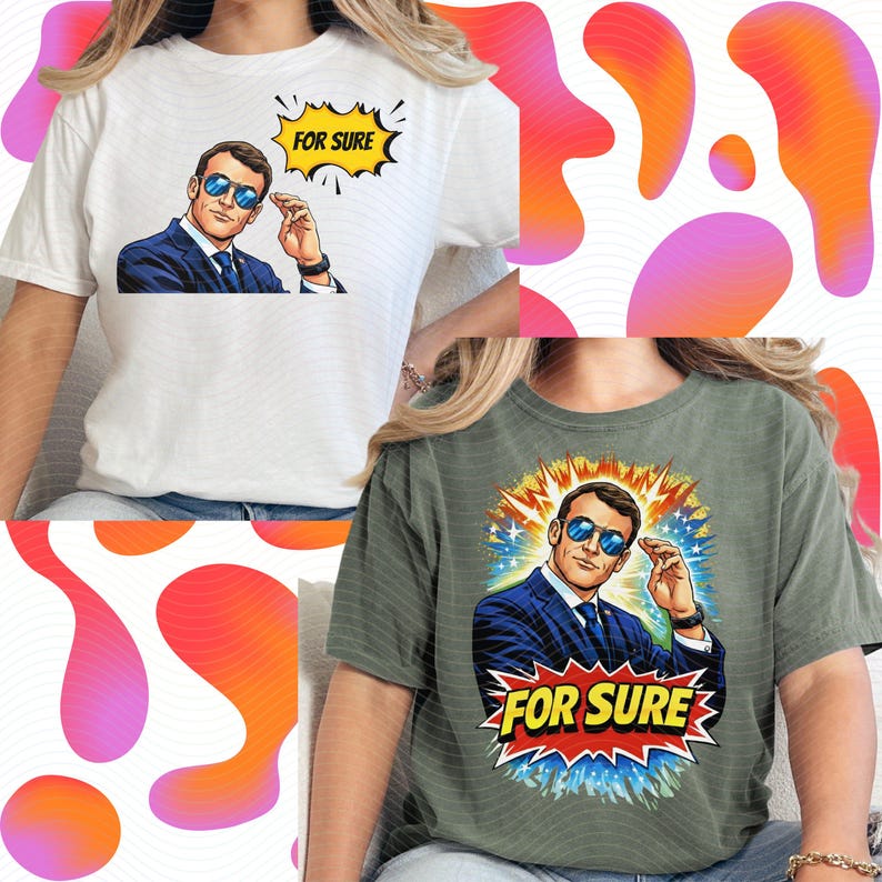 以下が含まれることがあります： 白いTシャツとオリーブグリーンのTシャツの2枚。どちらもサングラスをかけた男性のポップアート風イラストが描かれています。イラストには、吹き出しまたは漫画のスタイルで「FOR SURE」というテキストが含まれています。