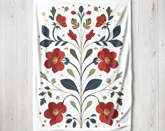 Scandinavian Floral Fleece Blanket - Nordic Rosemaling Throw