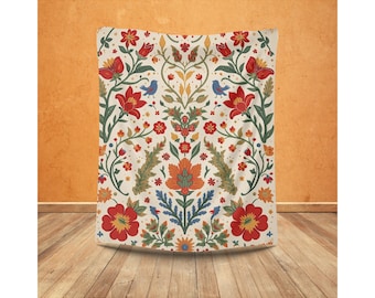 Nordic Floral Fleece Blanket – Scandinavian Folk Art Throw, Cottagecore Decor