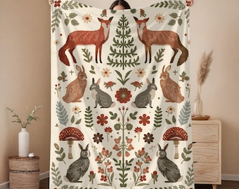 Scandinavian Woodland Plush Blanket - Nordic Folk Art Decor