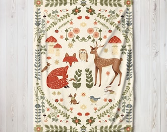 Scandinavian Fleece Blanket - Nordic Woodland Animals Throw, Cottagecore Decor