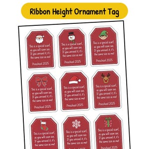 Może przedstawiać: Arkusz czerwonych etykiet na prezenty świąteczne z różnymi świątecznymi ikonami, w tym Świętym Mikołajem, bałwanem i reniferem. Każda etykieta ma unikalny design i tekst "This is a special scarf, as you will soon see. If you unravel it, it's the same size as me!" i "Preschool 2025".