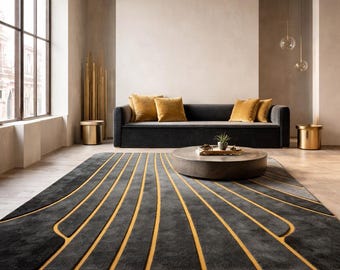 Hand-Tufted Wool Area Rug 9x12 ft: Modern Abstract Grey-Golden Stripes