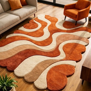 Tapis ondulé orange brûlé - Tapis rétro en peluche MCM des années 70