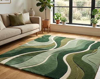 Tappeto verde astratto con onde, morbido e soffice tappeto da soggiorno, arredamento moderno