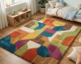 Hand-Tufted Geometric Block Rug – Mid-Century Modern Plush Carpet