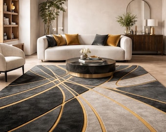 Hand-Tufted Wool Area Rug 9x12 ft: Modern Abstract Greyblack -Golden Stripes