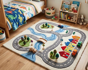 Hand-Tufted Wool Play Track Rug – Kids Room Car City Carpet