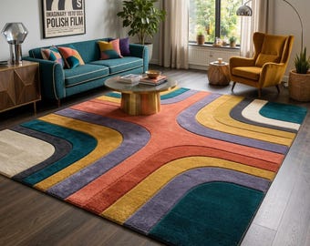 Tappeto geometrico ondulato retrò – Arancione bruciato, blu elettronico, stile MCM 8x11 piedi