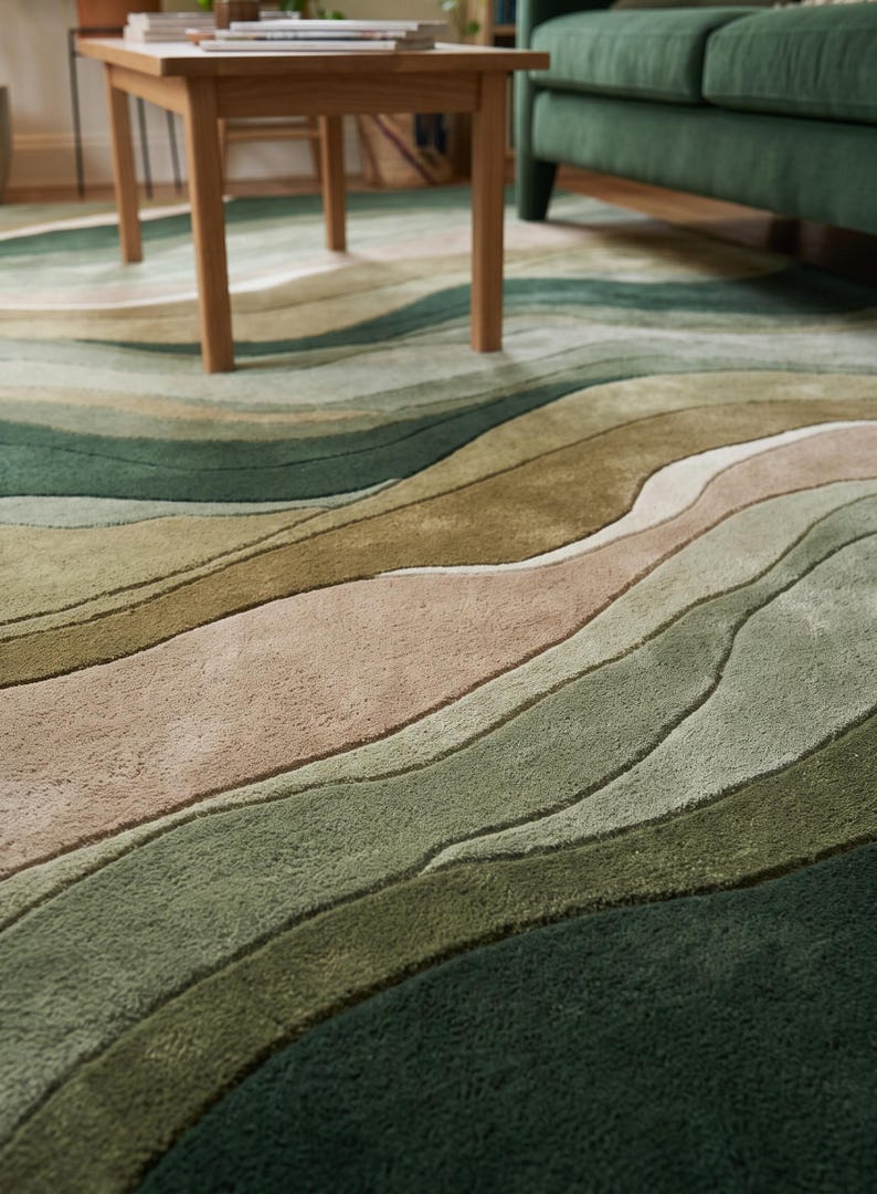 Hills Wave Modern Wool Area Rug 6x9 Feet– Deep Green & Sage Beige ...