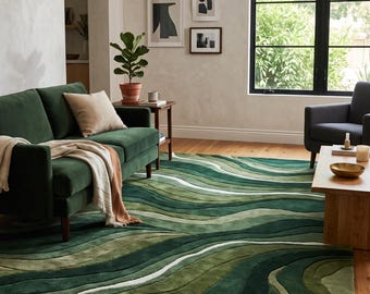 Custom Green Wave Wool Area Rug, Hand-Tufted Modern Hills Carpet, Deep Olive & White Large Rug for Living Room, Soft Bedroom Mat
