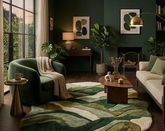 Tappeto in lana trapuntato a mano – Motivo astratto di colline organiche, tappeto verde foresta per cameretta bambini