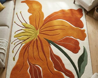 Tappeto floreale in lana annodato a mano – Tappeto botanico color ruggine arancione, 8x11