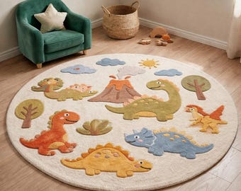 Tappeto per bambini in lana tuftata a mano con dinosauri, tappeto da gioco per la cameretta dei bambini, 6x9 piedi