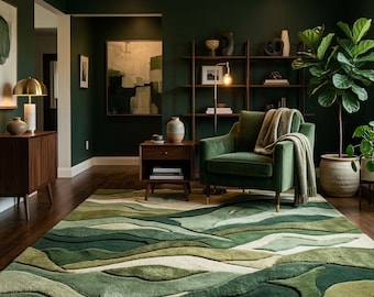 Tappeto in lana trapuntato a mano con paesaggio astratto – Motivo collinare organico, verde foresta, tappeto color salvia muschio