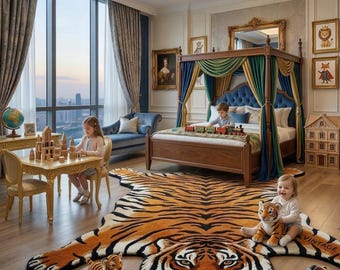 Tappeto a forma di tigre, annodato a mano – Tappeto realistico con effetto pelle di animale, 100% lana, decorazione di lusso.